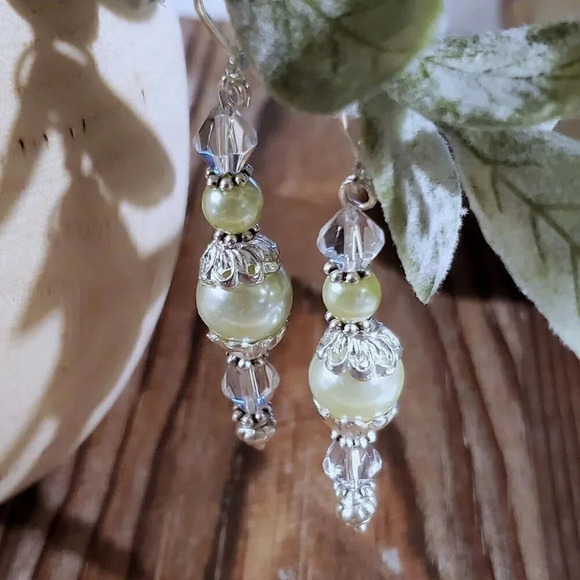 Lt Yellow Green Glass Pearl Sterling Silver Plate Handcrafted Dangle Earrings - Picture 3 of 11